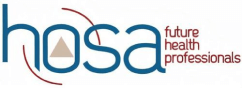 The logo displays "hosa" in blue letters with a small gray triangle within the "o." Curved red lines intersect the letters, and "future health professionals" is written in red on the right side.