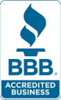 A blue-and-white logo features a stylized torch above the text "BBB ACCREDITED BUSINESS," enclosed in a rectangular frame, indicating certification status.