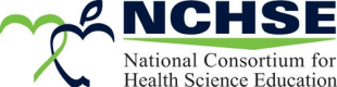A stylized apple with a green ribbon appears beside the bold text "NCHSE" and below it, "National Consortium for Health Science Education," against a plain background.
